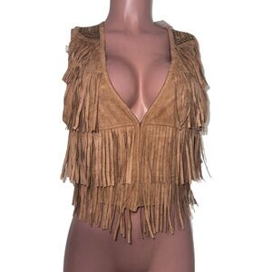 Trendy Faux suede fringed crop studded vest top